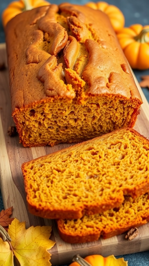 Moist Pumpkin Bread Recipe A sliced loaf of moist pumpkin bread on a wooden board, surrounded by autumn leaves and pumpkins.